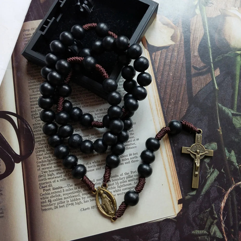 St. Benedict Exorcism Medal Rosary Necklace – Bronze Crucifix & Black Wood Beads Chaplet
