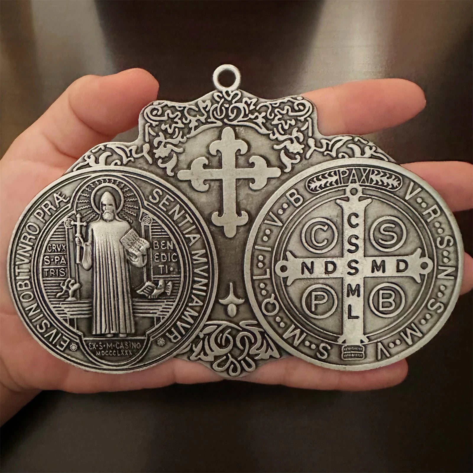 Extra Large St. Benedict Cross Medal – 5.7" x 4" Vintage Brass Tone | Wall or Desk Display | Medalla de San Benito