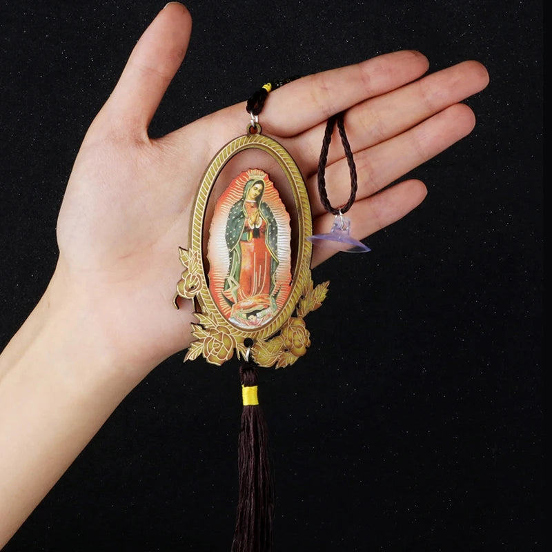 Our Lady of Guadalupe Wooden Pendant with Tassel – Christian Car Hanging Ornament, Keychain & Bag Accessory