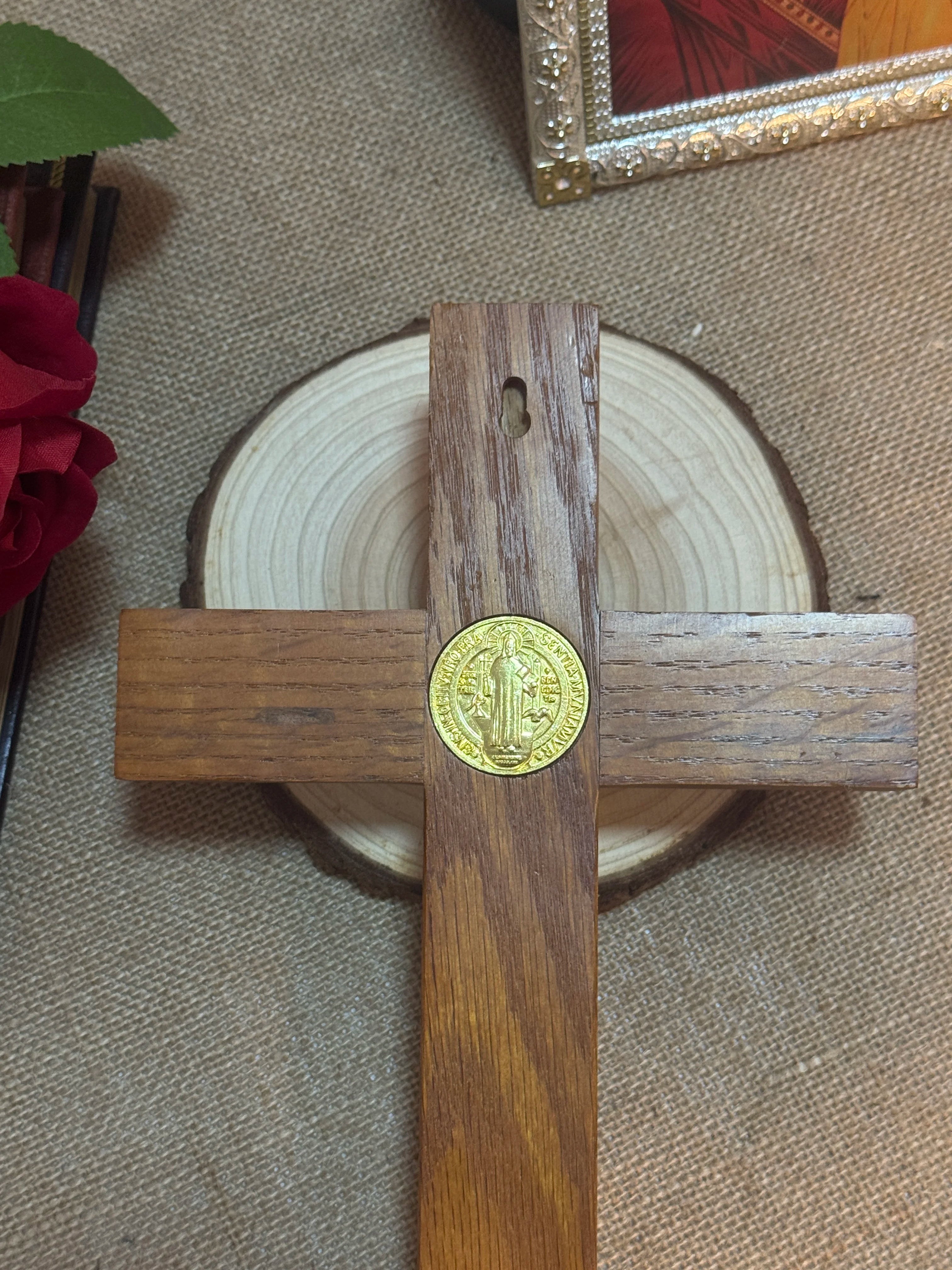 Standing Catholic Crucifix with Gold Jesus Corpus – Wooden Devotional Cross