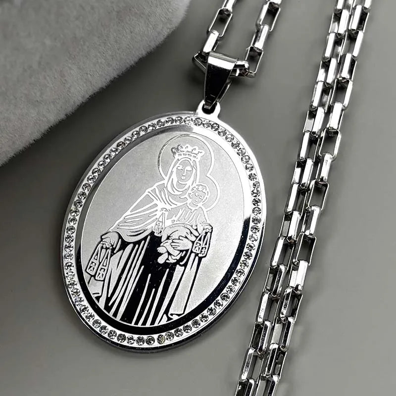 Our Lady of Mount Carmel Brown Scapular Medal – Gold–Silver Tone Stainless Steel Catholic Necklace for Men & Women