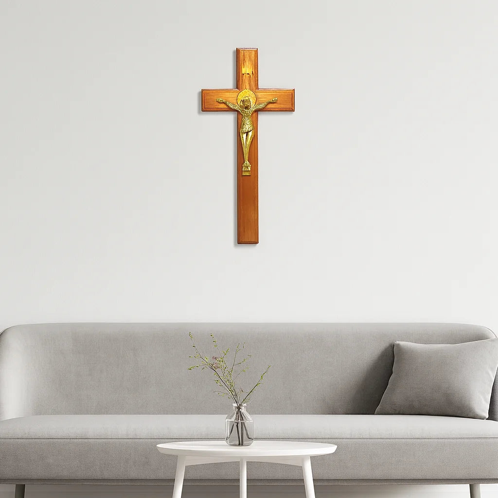 Standing Catholic Crucifix with Gold Jesus Corpus – Wooden Devotional Cross