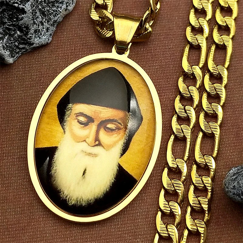 Saint Charbel Glass Medal Pendant Necklace – Gold-Tone Stainless Steel Catholic Protection Image (Unisex)