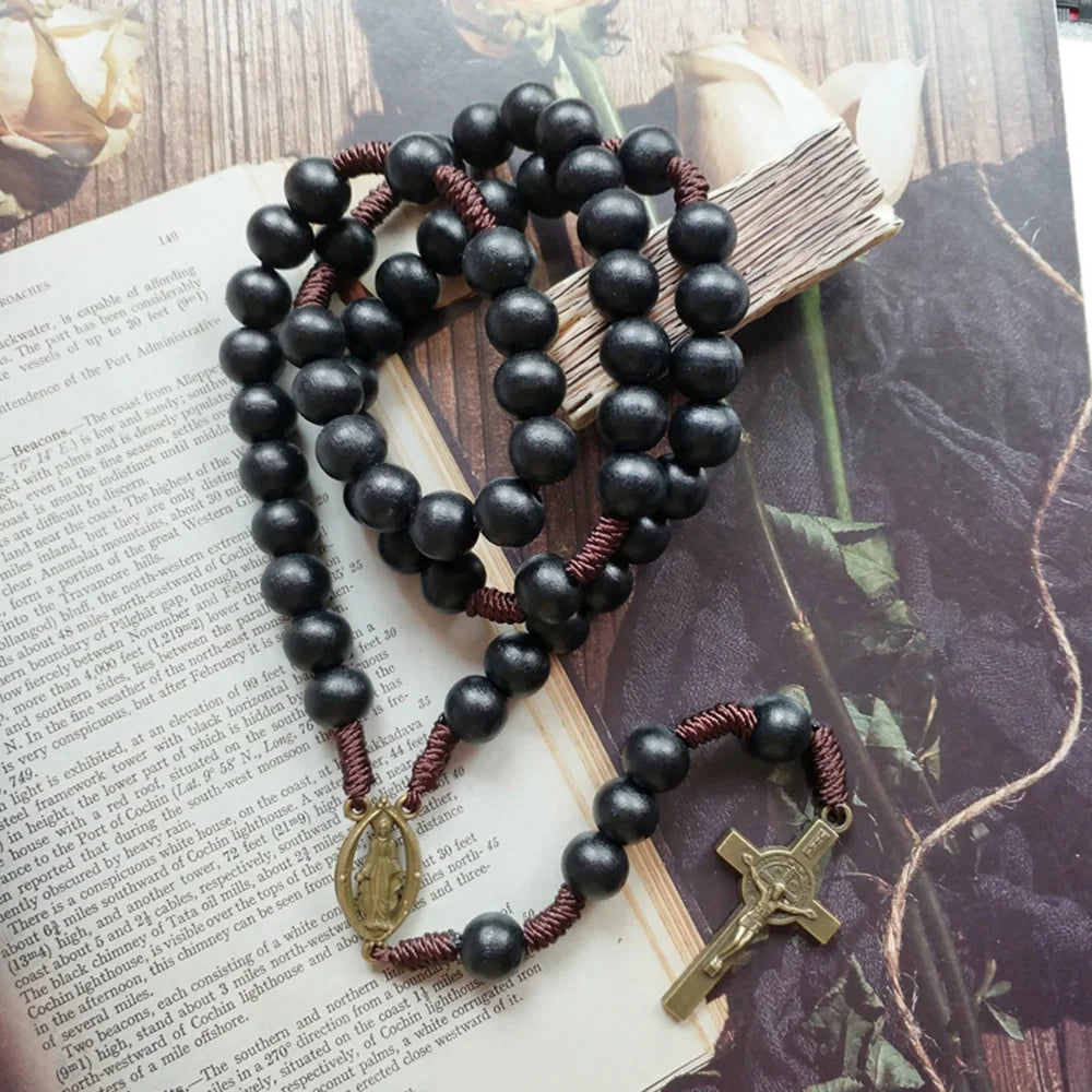 St. Benedict Exorcism Medal Rosary Necklace – Bronze Crucifix & Black Wood Beads Chaplet