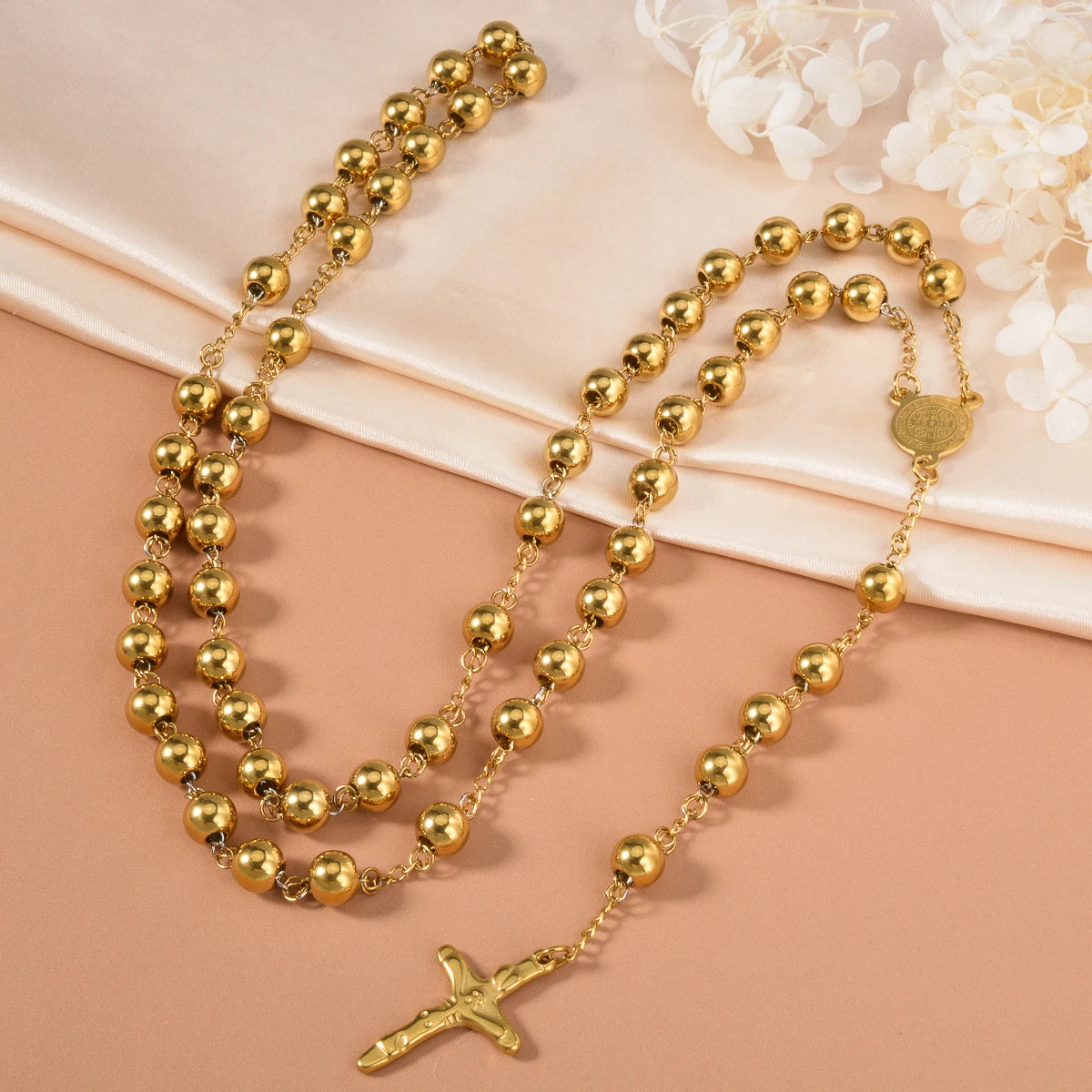Catholic Rosary with Gold-Tone Beads and Crucifix – Sacred Prayer Devotional