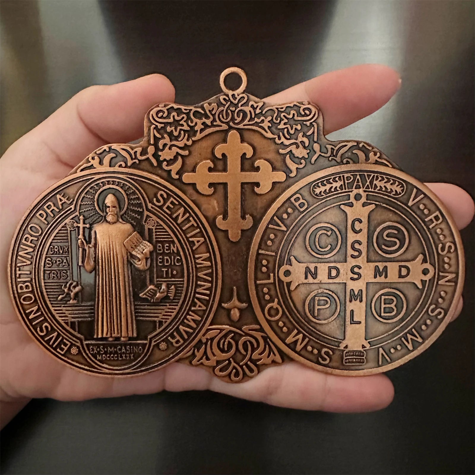 Extra Large St. Benedict Cross Medal – 5.7" x 4" Vintage Brass Tone | Wall or Desk Display | Medalla de San Benito