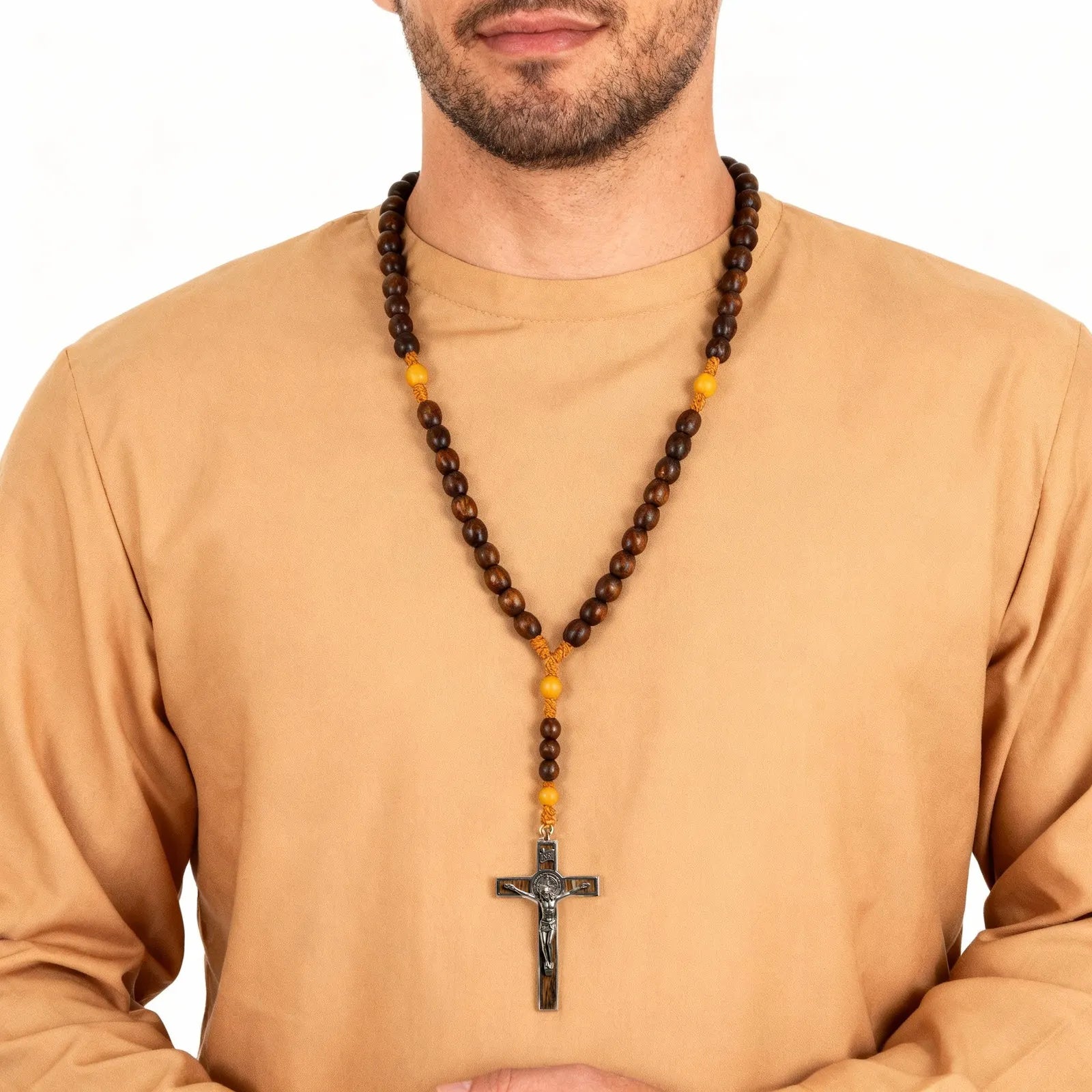 Catholic Wooden Rosary with St Benedict Crucifix – Brown Bead Prayer Necklace