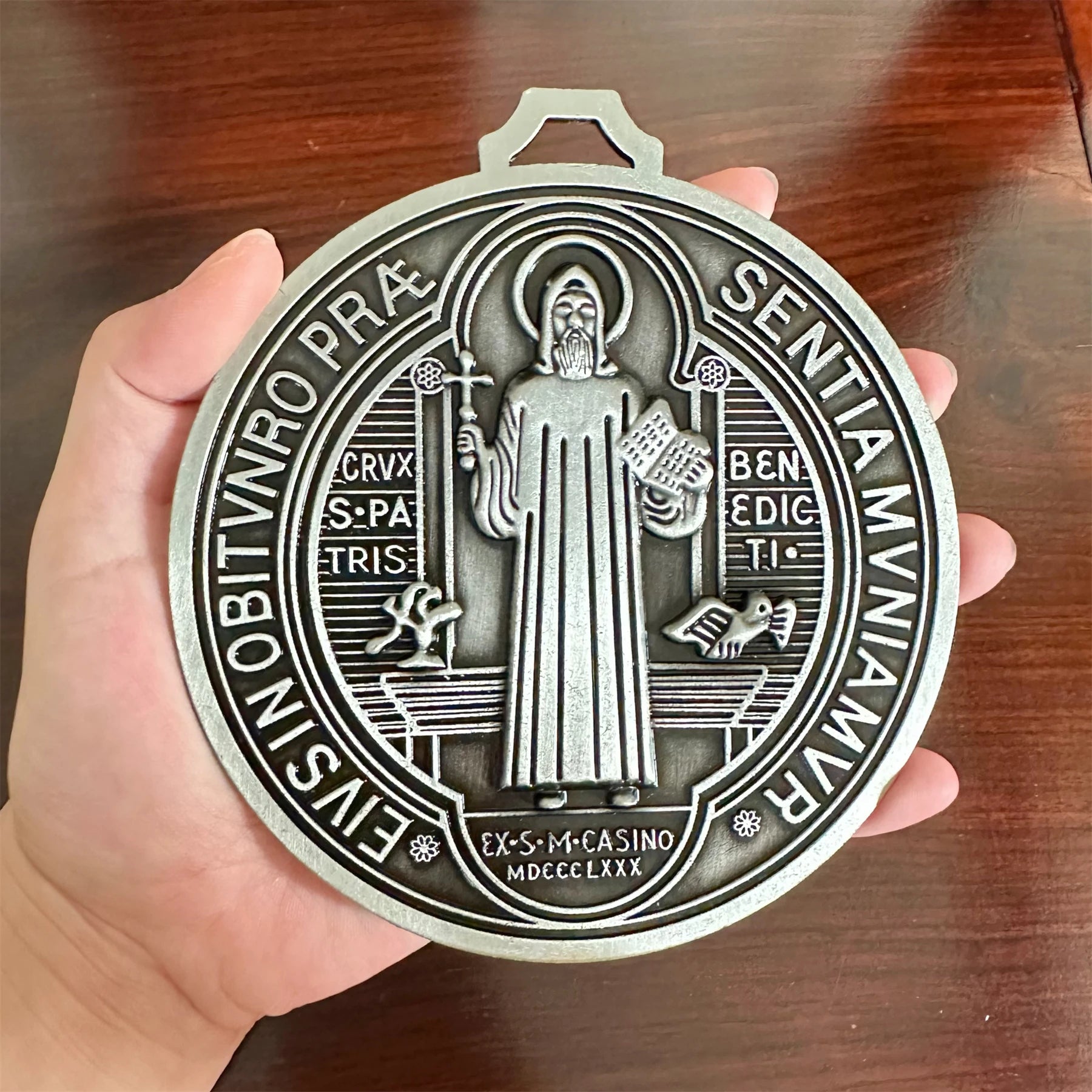 Extra-Large 5″ St. Benedict Cross Medal – Vintage Brass Tone Wall or Desk Display | Medalla de San Benito