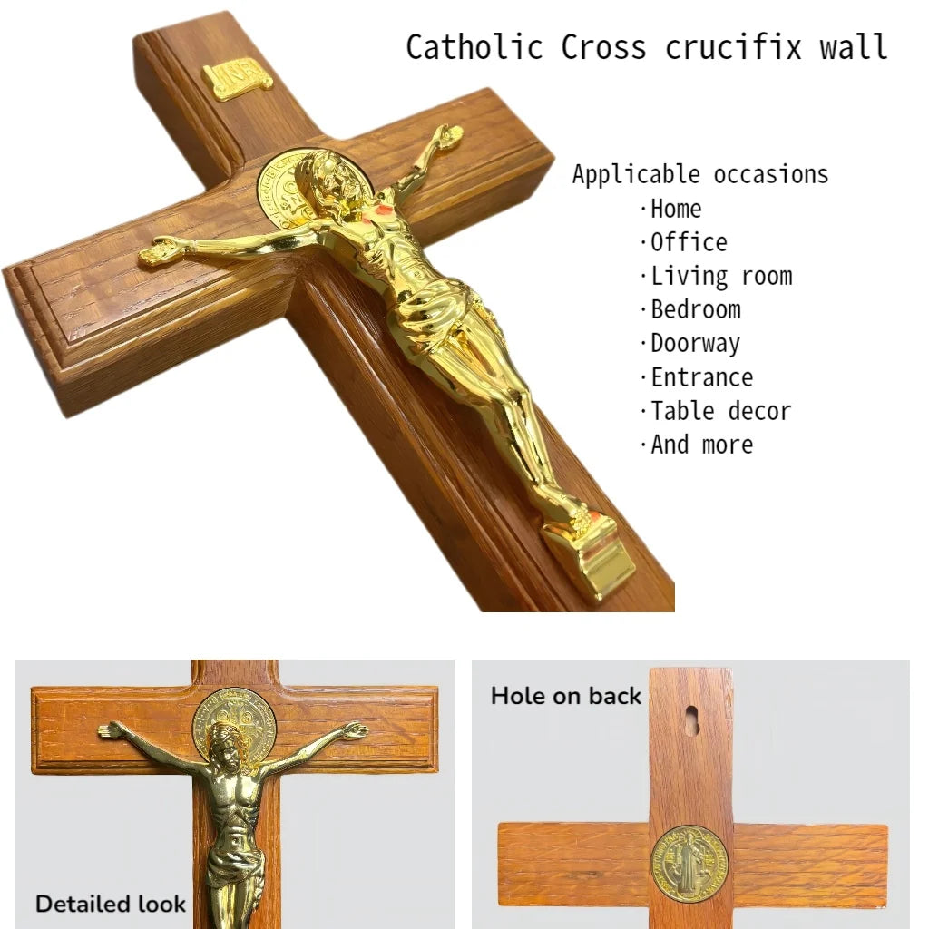Standing Catholic Crucifix with Gold Jesus Corpus – Wooden Devotional Cross