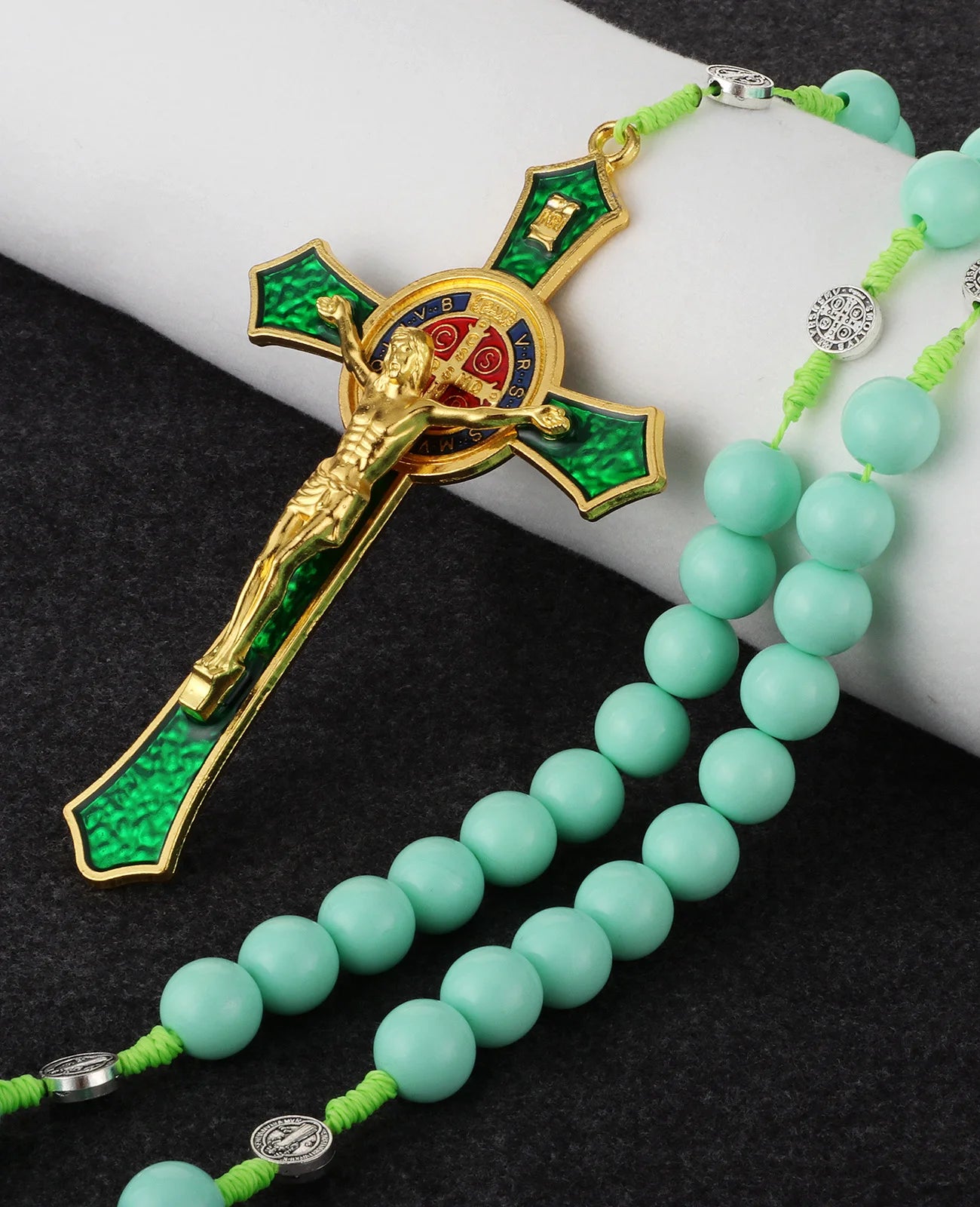 Saint Benedict Exorcism Crucifix Rosary Necklace – Large Cross with 33 Prayer Beads, Unisex Catholic Chaplet (6 Colors)