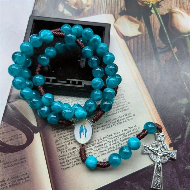 Catholic Rosary Necklace – Blue Glass Beads with Crucifix Charm Prayer Beads