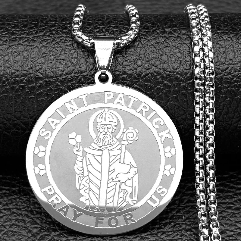Saint Patrick “Pray for Us” Medal Necklace – Stainless Steel Gold-Tone Catholic Pendant, Patron Saint of Ireland, Unisex 60cm Chain