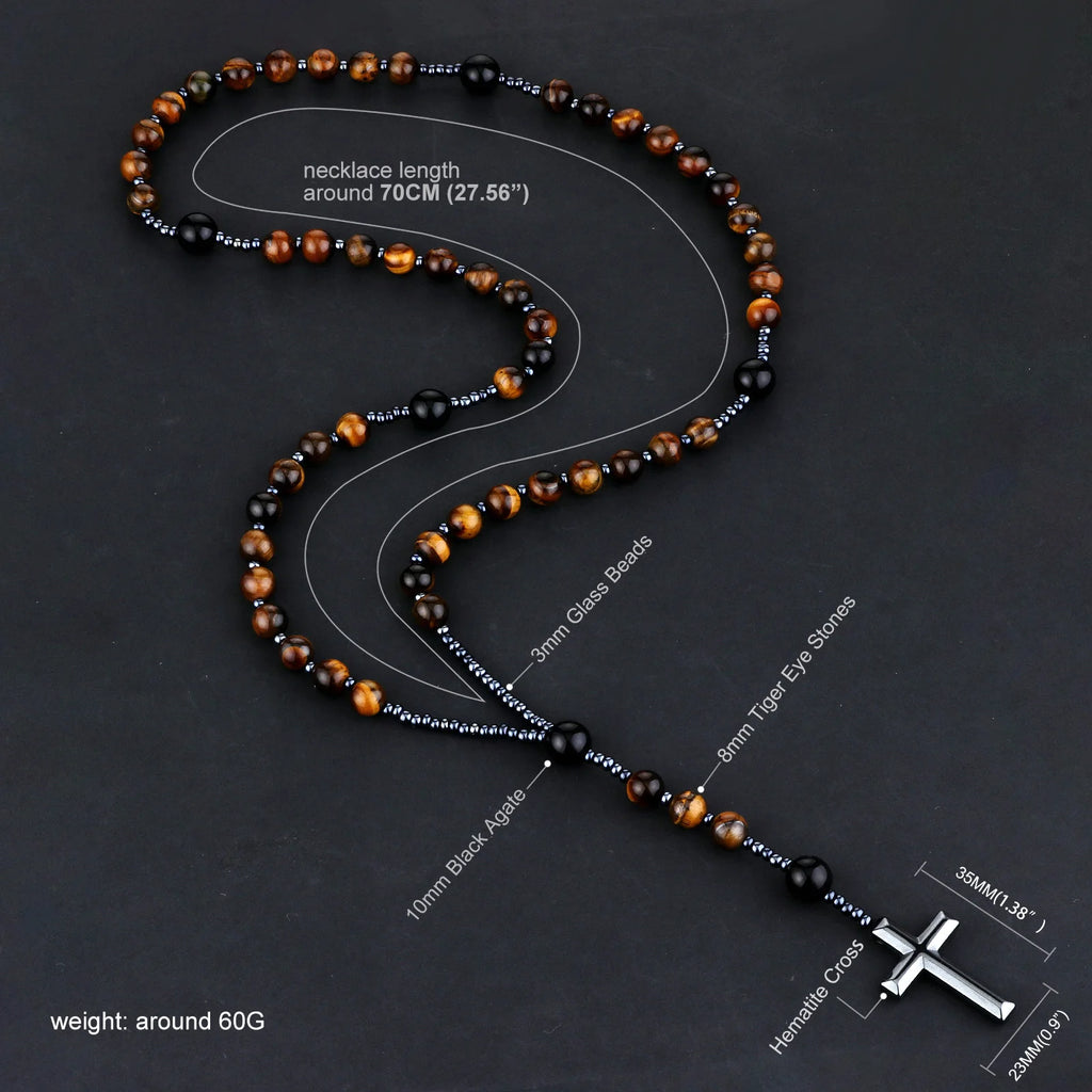 Catholic Tiger Eye & Black Agate Rosary Necklace with Hematite Cross – Natural Stone Prayer Beads, 70cm Unisex Devotional Jewelry