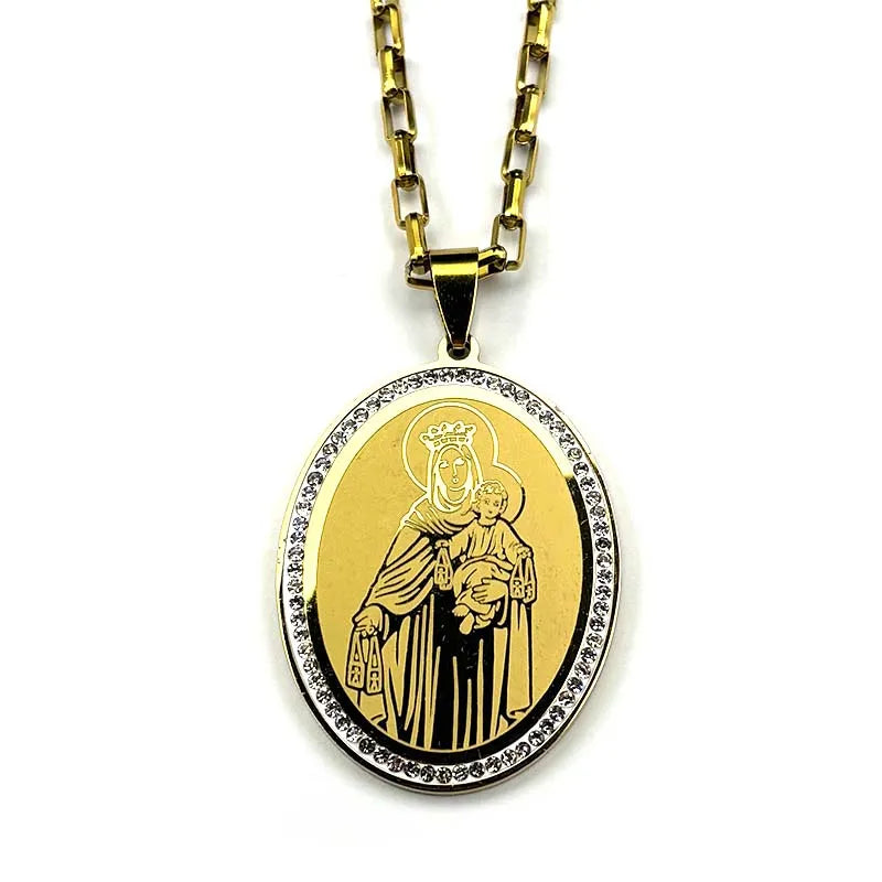 Our Lady of Mount Carmel Brown Scapular Medal – Gold–Silver Tone Stainless Steel Catholic Necklace for Men & Women