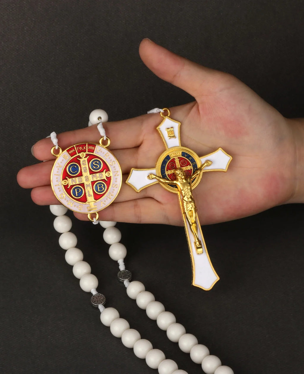 Saint Benedict Exorcism Crucifix Rosary Necklace – Large Cross with 33 Prayer Beads, Unisex Catholic Chaplet (6 Colors)