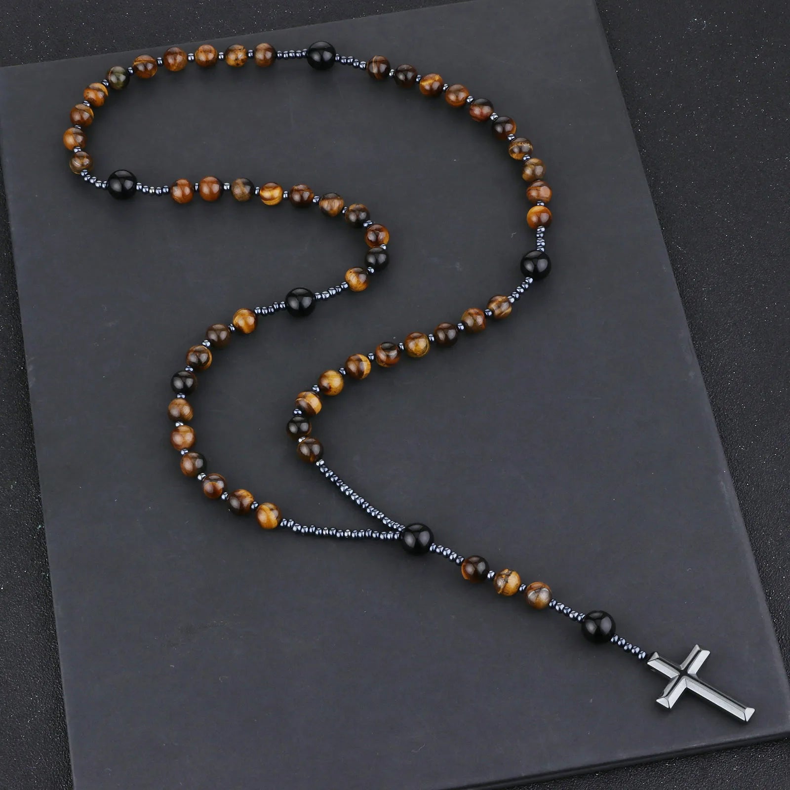 Catholic Tiger Eye & Black Agate Rosary Necklace with Hematite Cross – Natural Stone Prayer Beads, 70cm Unisex Devotional Jewelry