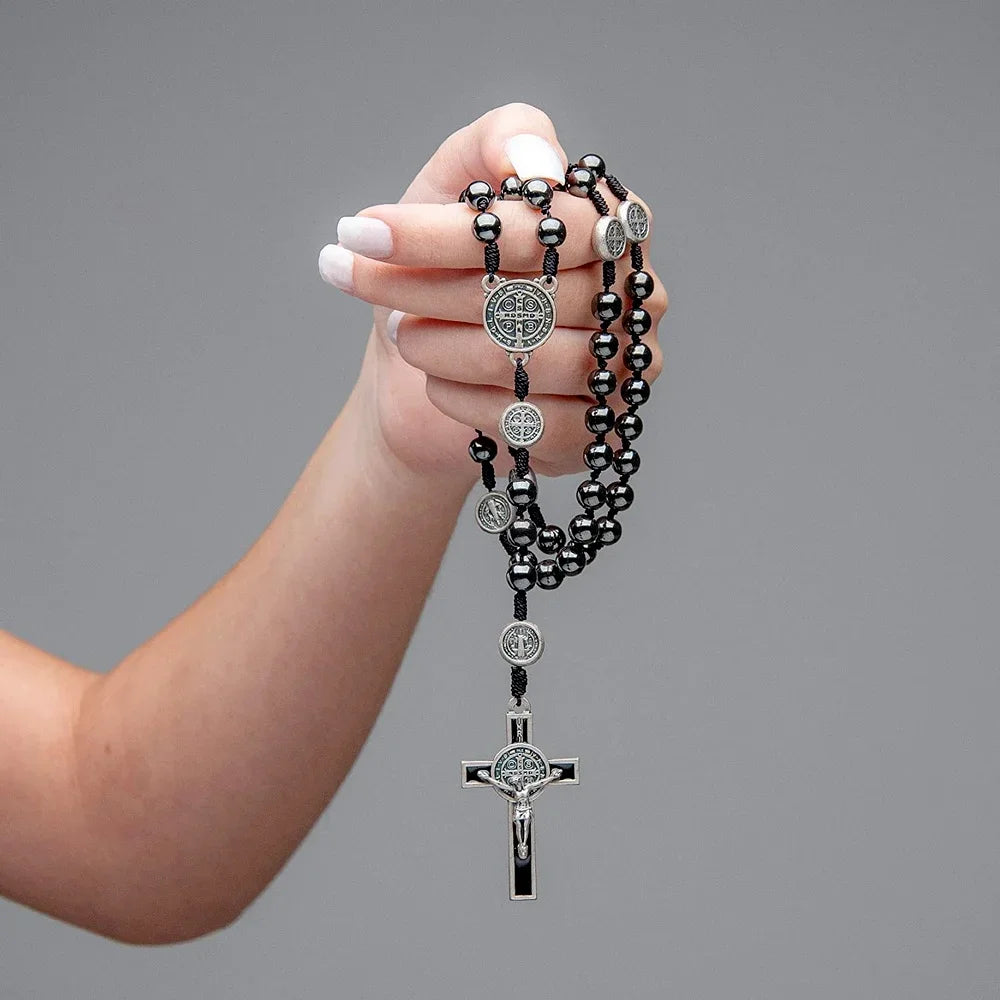 Black Hematite Rosary with Saint Benedict Medal and Crucifix – Catholic Devotional