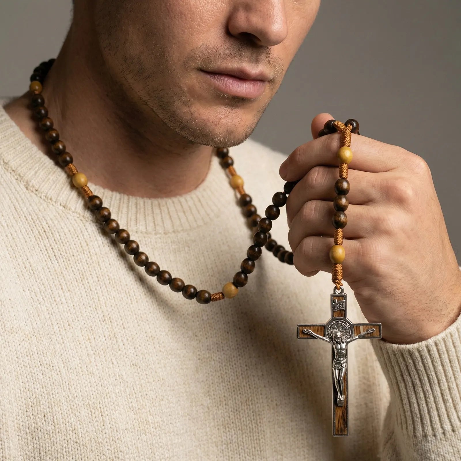 Catholic Wooden Rosary with St Benedict Crucifix – Brown Bead Prayer Necklace