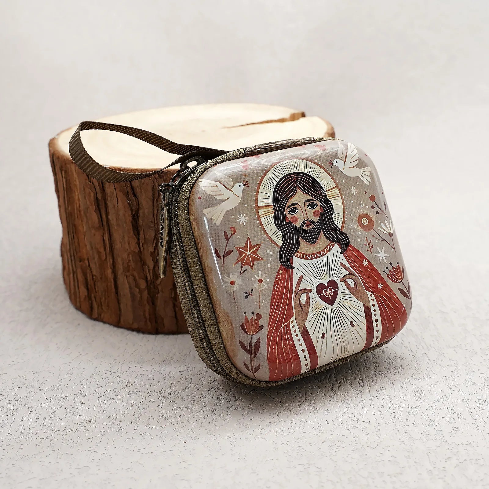 Virgin Mary & Jesus Rosary Box – 7x7cm Catholic Prayer Beads Storage Case