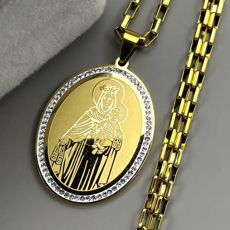 Our Lady of Mount Carmel Brown Scapular Medal – Gold–Silver Tone Stainless Steel Catholic Necklace for Men & Women