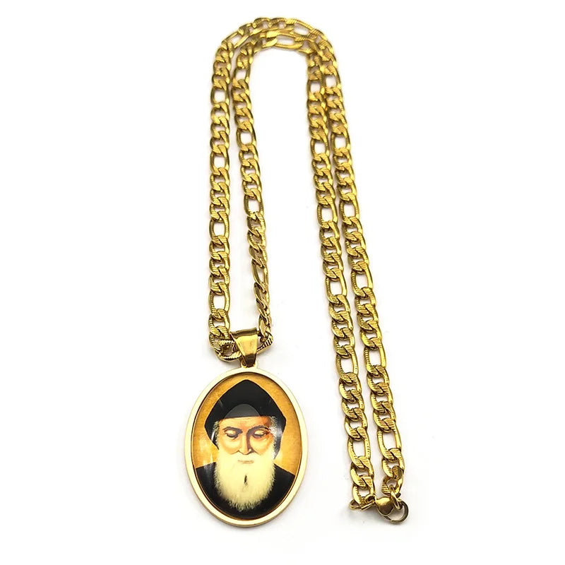 Saint Charbel Glass Medal Pendant Necklace – Gold-Tone Stainless Steel Catholic Protection Image (Unisex)