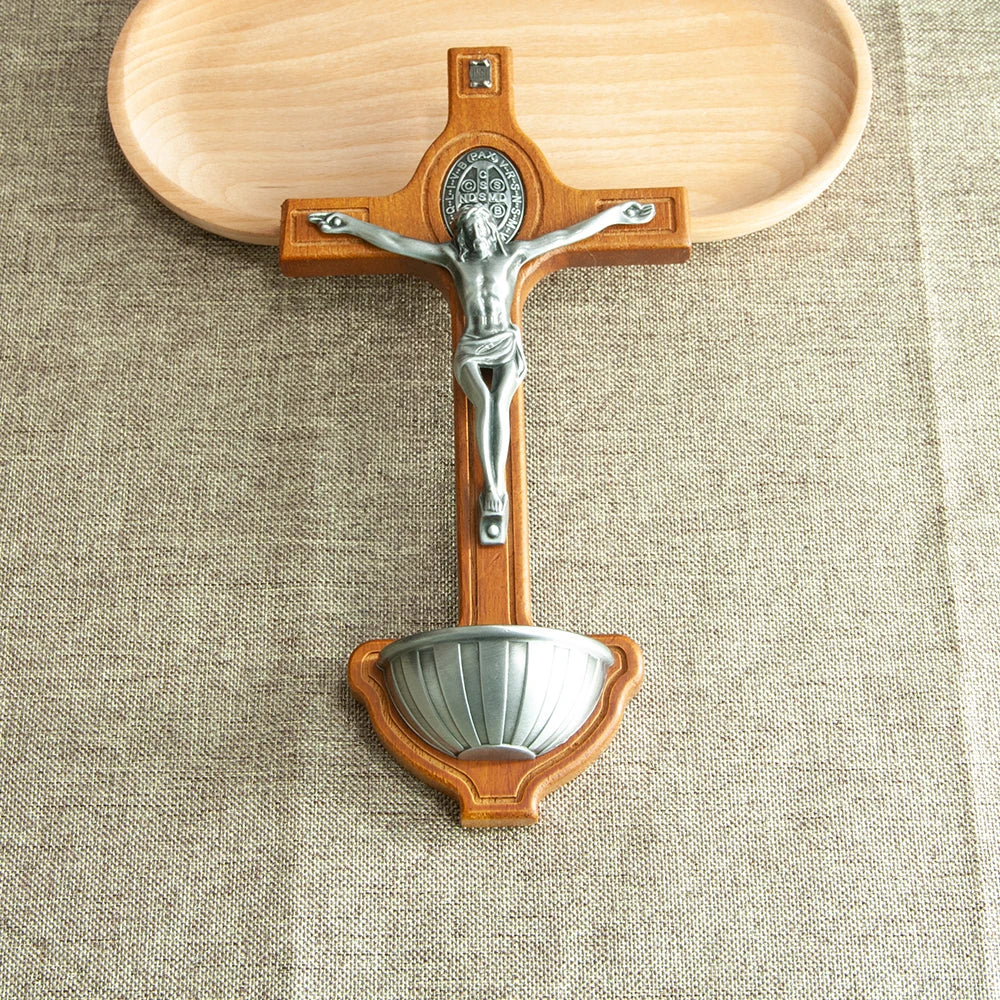Wooden Catholic Crucifix with Holy Water Font – Jesus Cross for Home Blessing