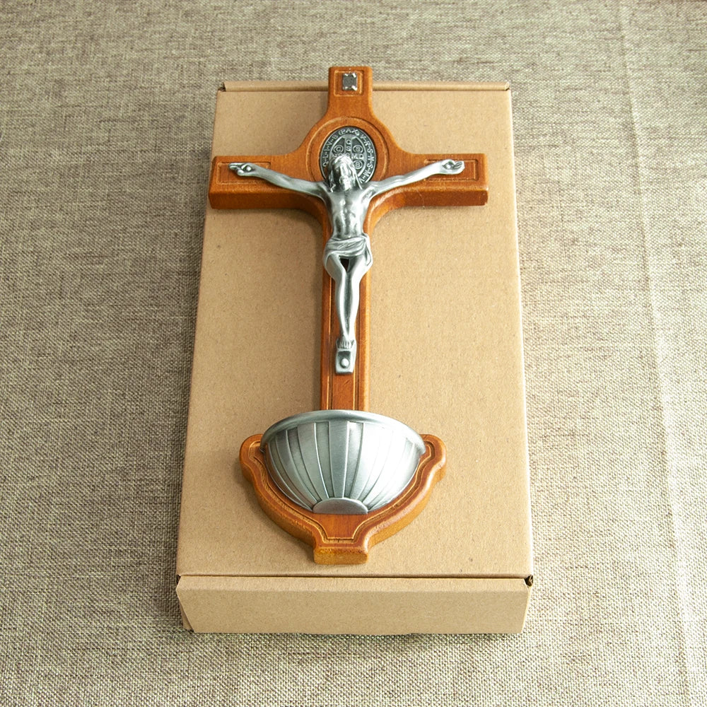 Wooden Catholic Crucifix with Holy Water Font – Jesus Cross for Home Blessing