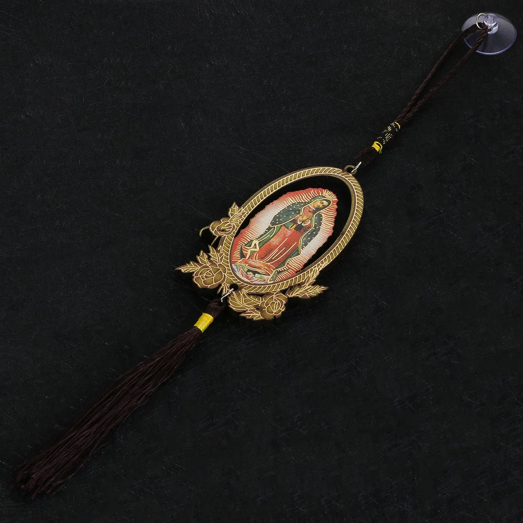 Our Lady of Guadalupe Wooden Pendant with Tassel – Christian Car Hanging Ornament, Keychain & Bag Accessory
