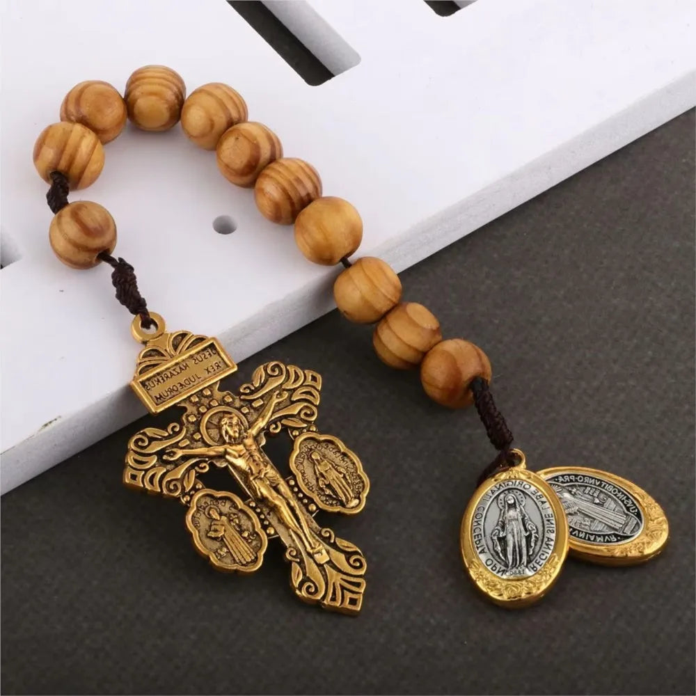 St Benedict Medal & Lady of the Miraculous Medal Crucifix Pocket Rosary – One Decade Handmade Wooden Beads Catholic Prayer Rosary Gift