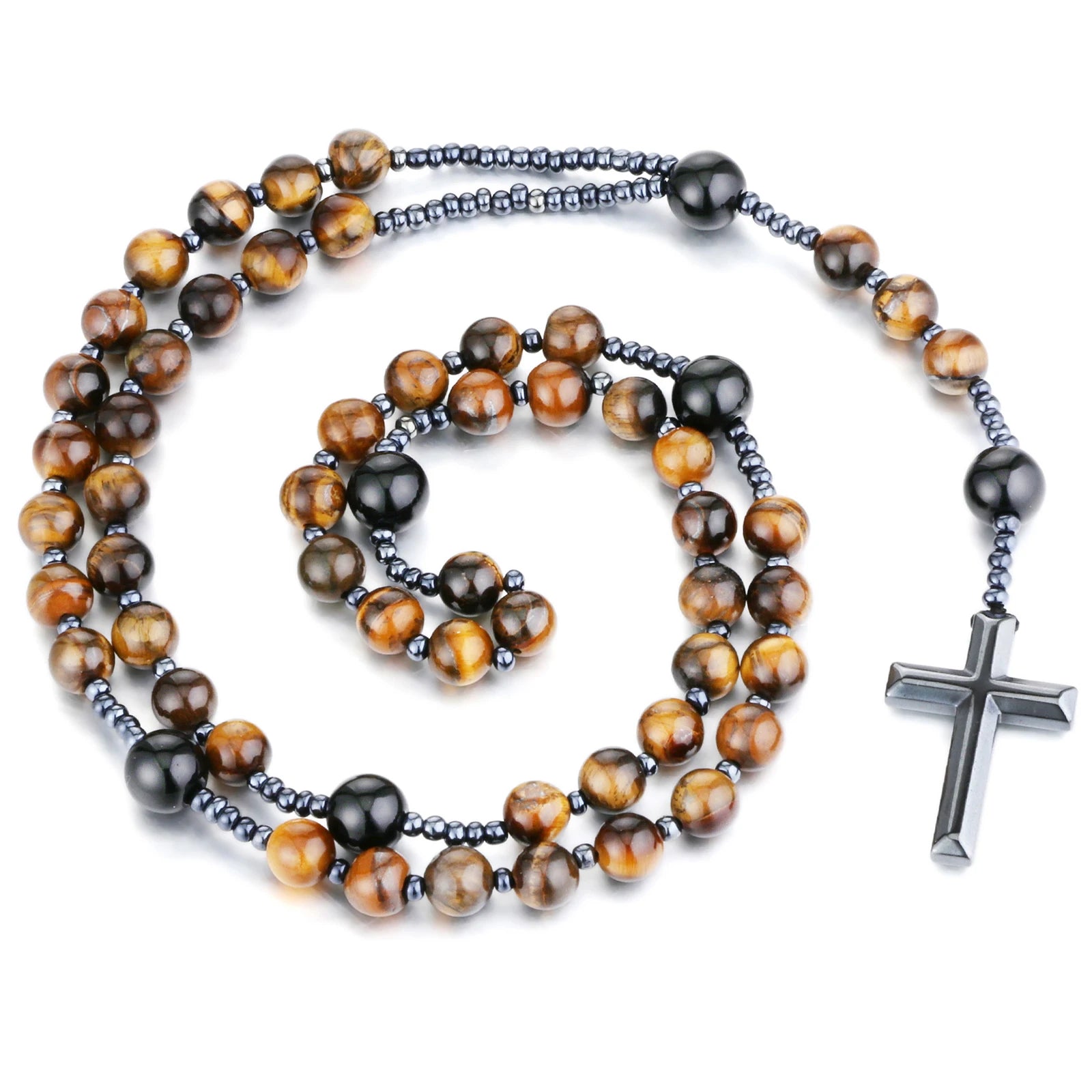 Catholic Tiger Eye & Black Agate Rosary Necklace with Hematite Cross – Natural Stone Prayer Beads, 70cm Unisex Devotional Jewelry