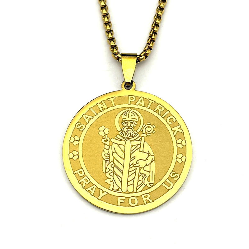 Saint Patrick “Pray for Us” Medal Necklace – Stainless Steel Gold-Tone Catholic Pendant, Patron Saint of Ireland, Unisex 60cm Chain