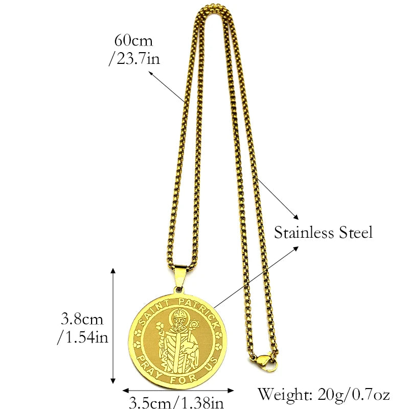 Saint Patrick “Pray for Us” Medal Necklace – Stainless Steel Gold-Tone Catholic Pendant, Patron Saint of Ireland, Unisex 60cm Chain