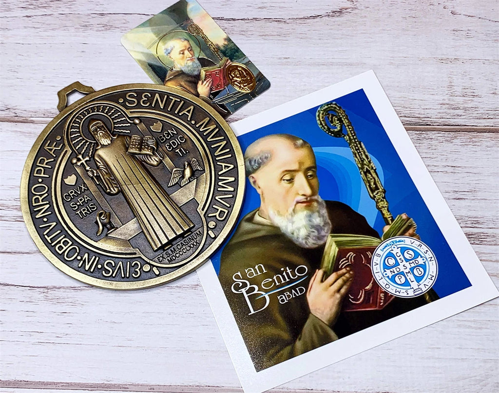 Extra-Large 5″ St. Benedict Cross Medal – Vintage Brass Tone Wall or Desk Display | Medalla de San Benito