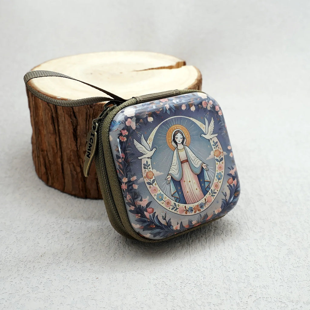 Virgin Mary & Jesus Rosary Box – 7x7cm Catholic Prayer Beads Storage Case
