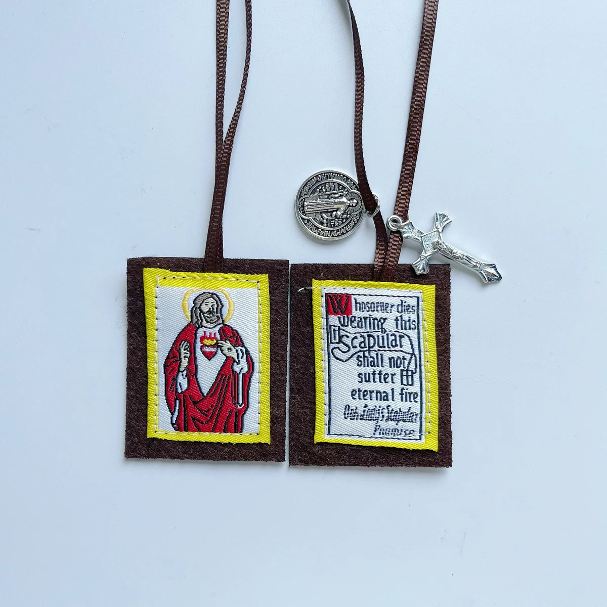 12-Pack Brown Scapular of Our Lady of Mount Carmel with St. Benedict Medal & Crucifix
