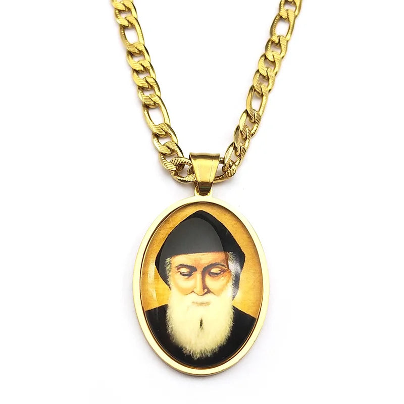 Saint Charbel Glass Medal Pendant Necklace – Gold-Tone Stainless Steel Catholic Protection Image (Unisex)