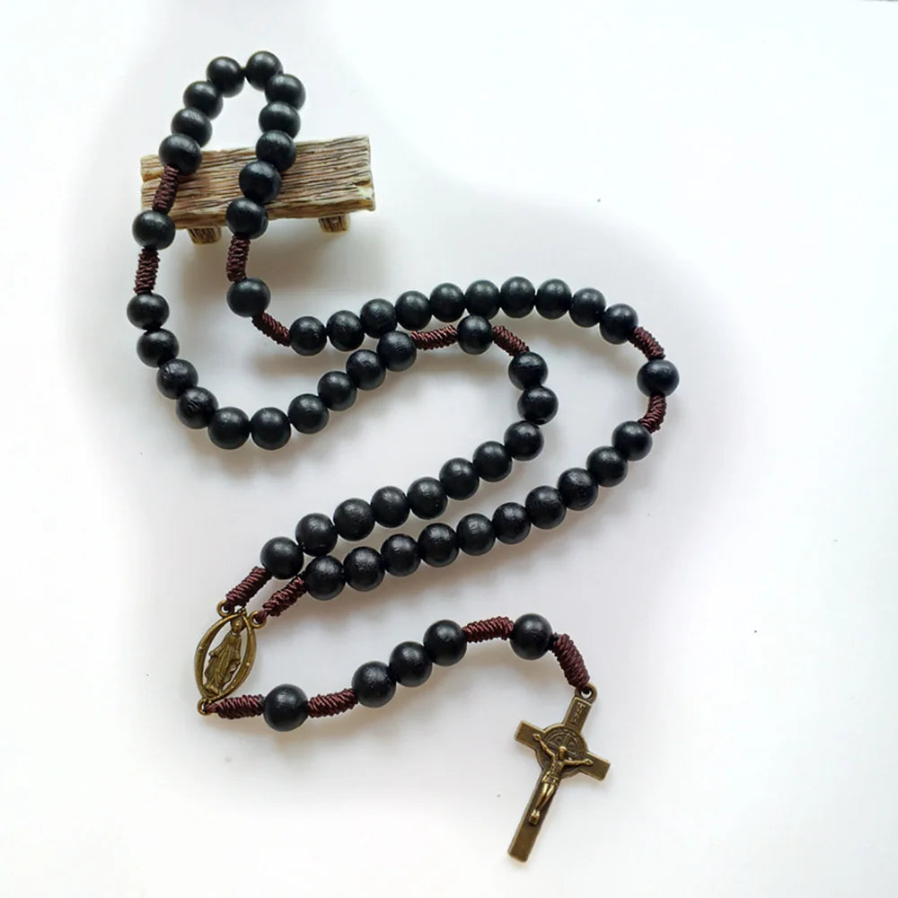 St. Benedict Exorcism Medal Rosary Necklace – Bronze Crucifix & Black Wood Beads Chaplet