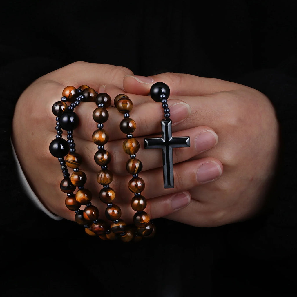Catholic Tiger Eye & Black Agate Rosary Necklace with Hematite Cross – Natural Stone Prayer Beads, 70cm Unisex Devotional Jewelry