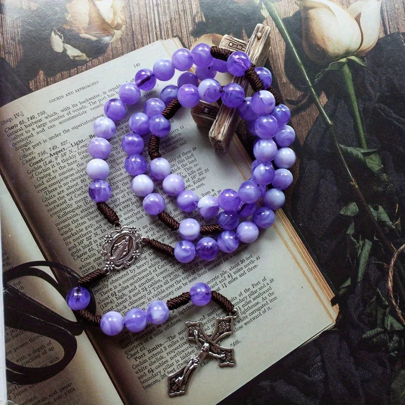 Catholic Virgin Mary Rosary Necklace – Hand Braided Rope Prayer Beads with Cross Pendant, Devotional Rosary Jewelry Gift