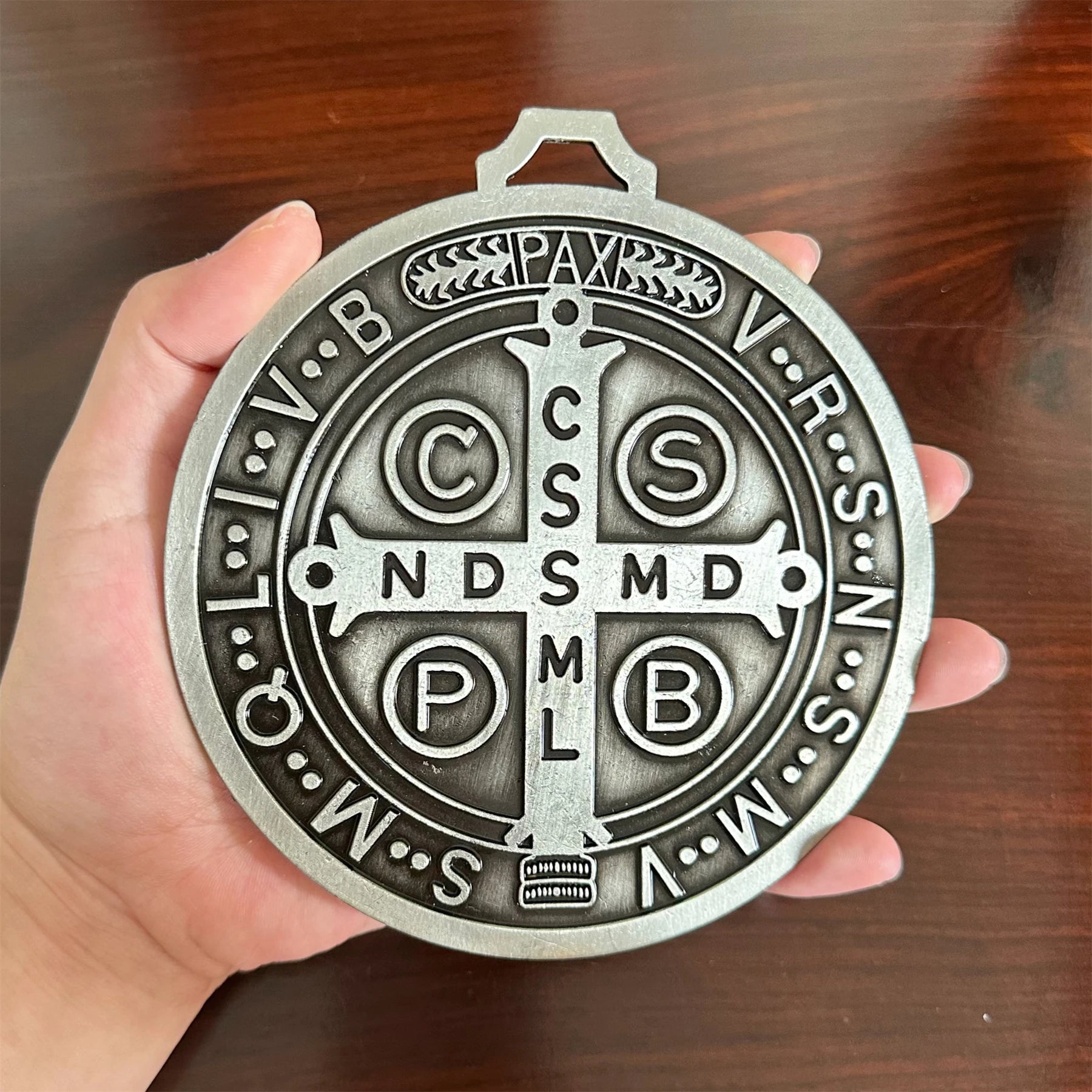 Extra-Large 5″ St. Benedict Cross Medal – Vintage Brass Tone Wall or Desk Display | Medalla de San Benito
