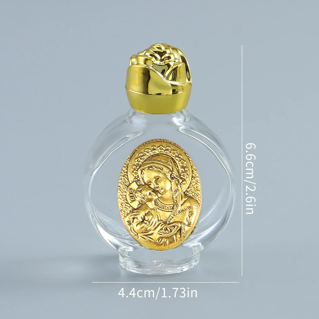 60ml Portable Holy Water Bottle – Gold Glass Catholic Bottle with Saint Michael, St Bendedict, Sacred Heart or Holy Mother
