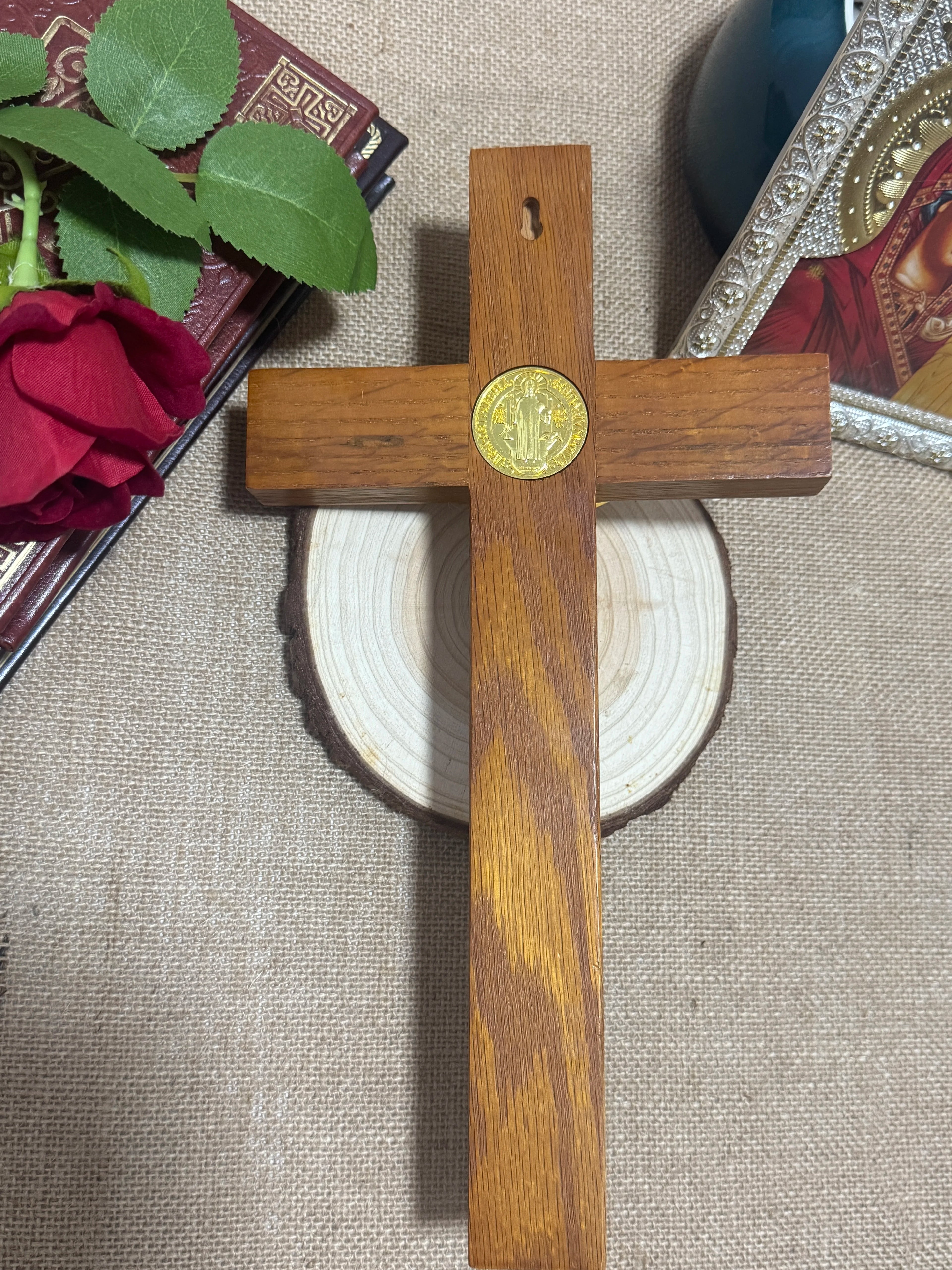 Standing Catholic Crucifix with Gold Jesus Corpus – Wooden Devotional Cross