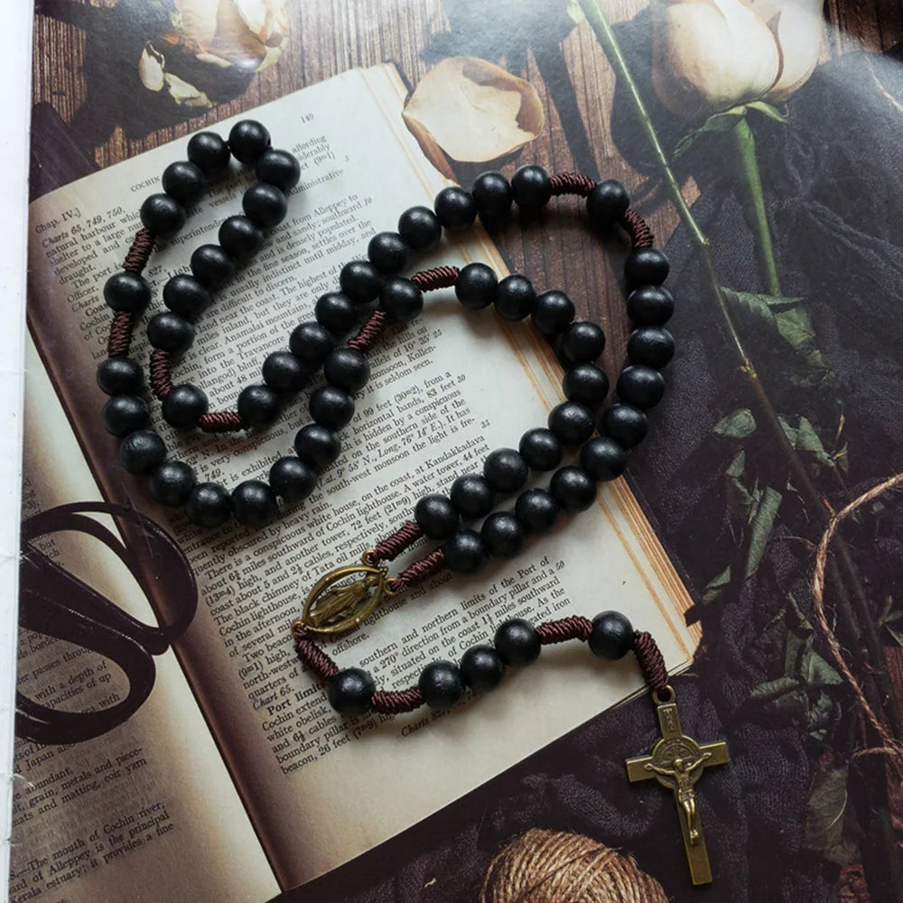 St. Benedict Exorcism Medal Rosary Necklace – Bronze Crucifix & Black Wood Beads Chaplet