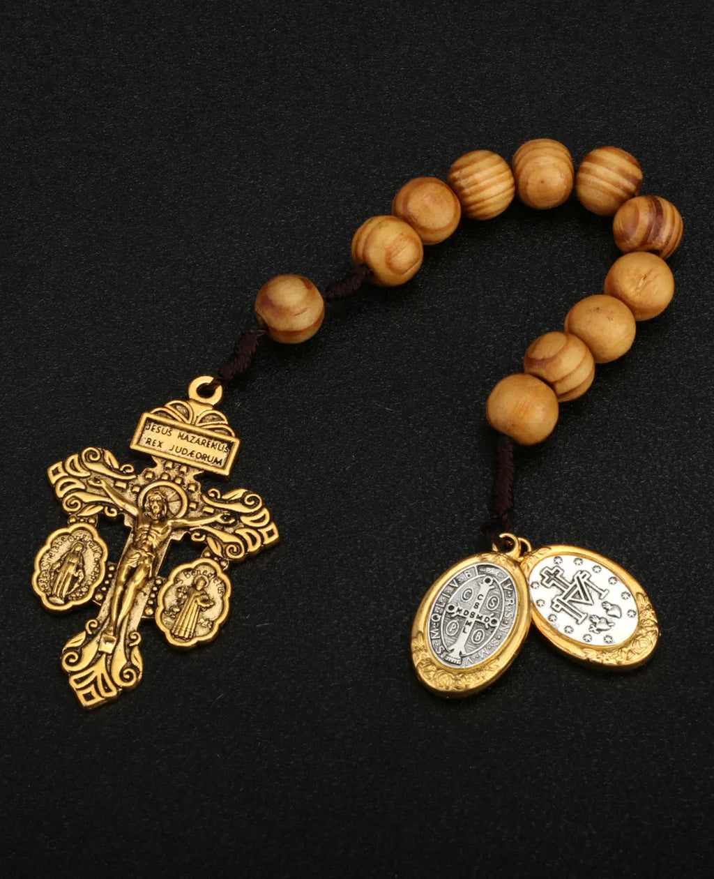 St Benedict Medal & Lady of the Miraculous Medal Crucifix Pocket Rosary – One Decade Handmade Wooden Beads Catholic Prayer Rosary Gift