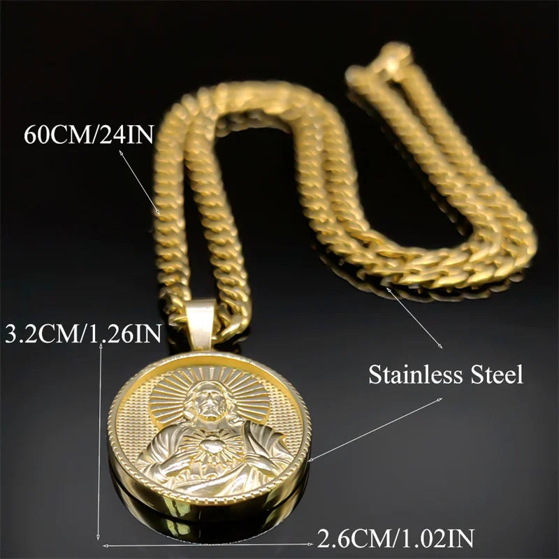 Sacred Heart of Jesus Catholic Necklace – Gold-Plated Stainless Steel Medal Pendant for Men & Women (60cm Chain)