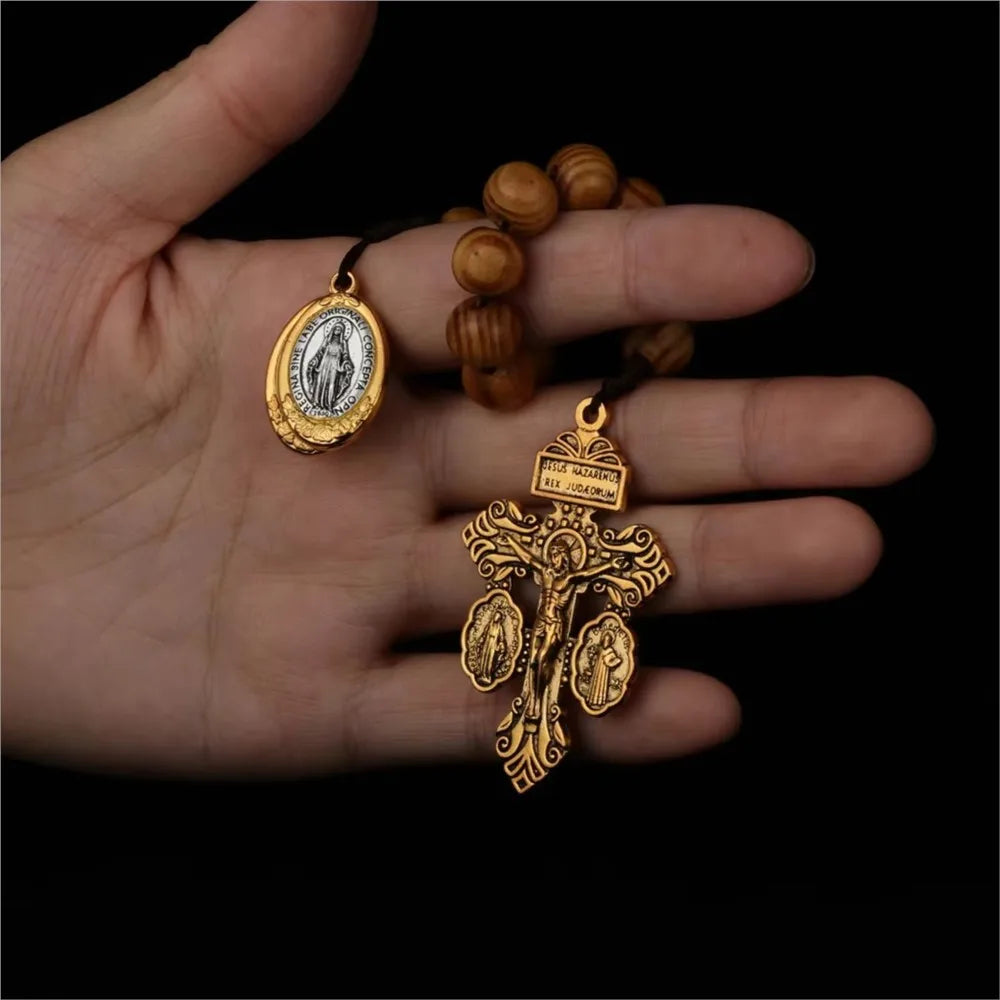 St Benedict Medal & Lady of the Miraculous Medal Crucifix Pocket Rosary – One Decade Handmade Wooden Beads Catholic Prayer Rosary Gift