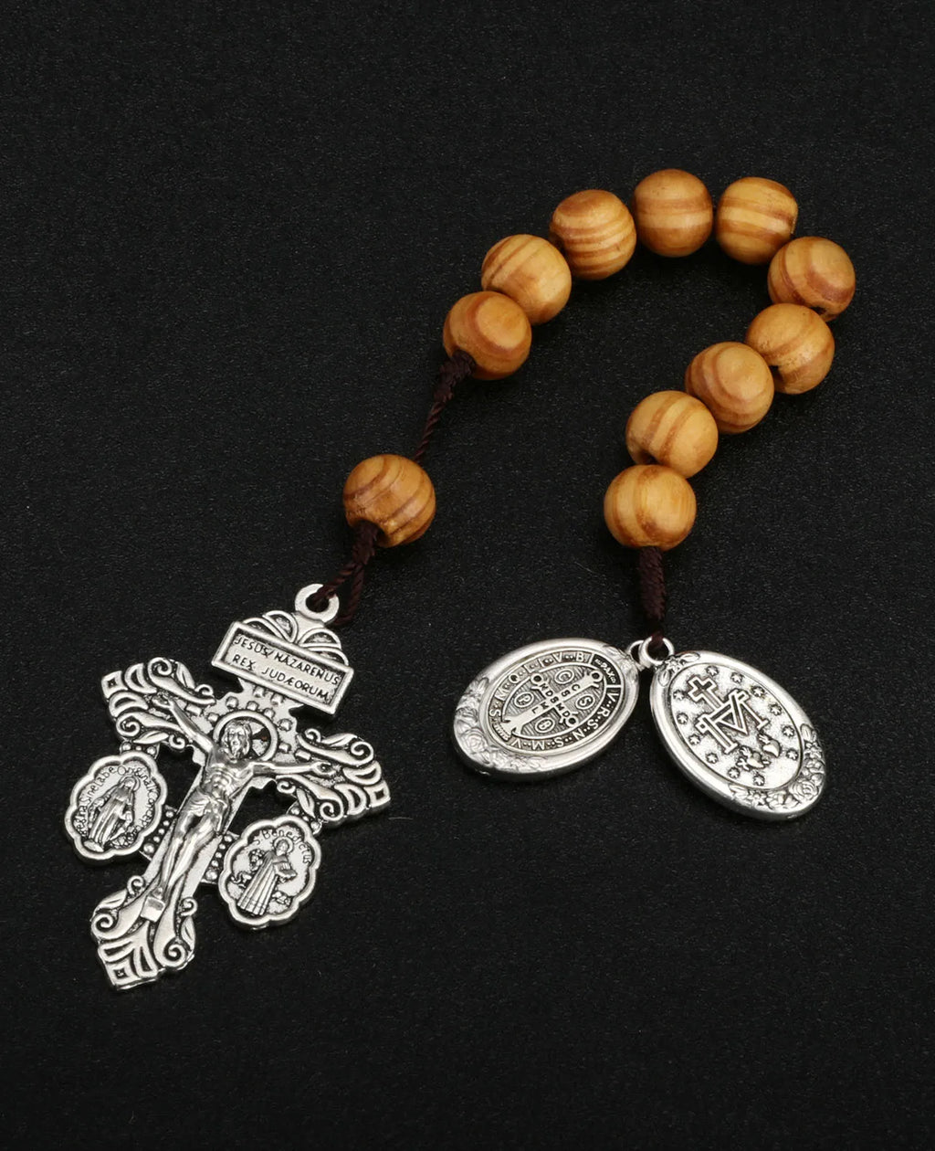 St Benedict Medal & Lady of the Miraculous Medal Crucifix Pocket Rosary – One Decade Handmade Wooden Beads Catholic Prayer Rosary Gift