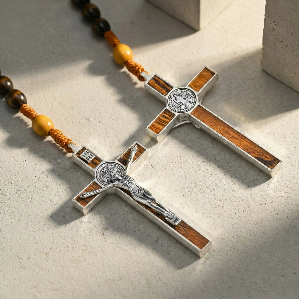 Catholic Wooden Rosary with St Benedict Crucifix – Brown Bead Prayer Necklace
