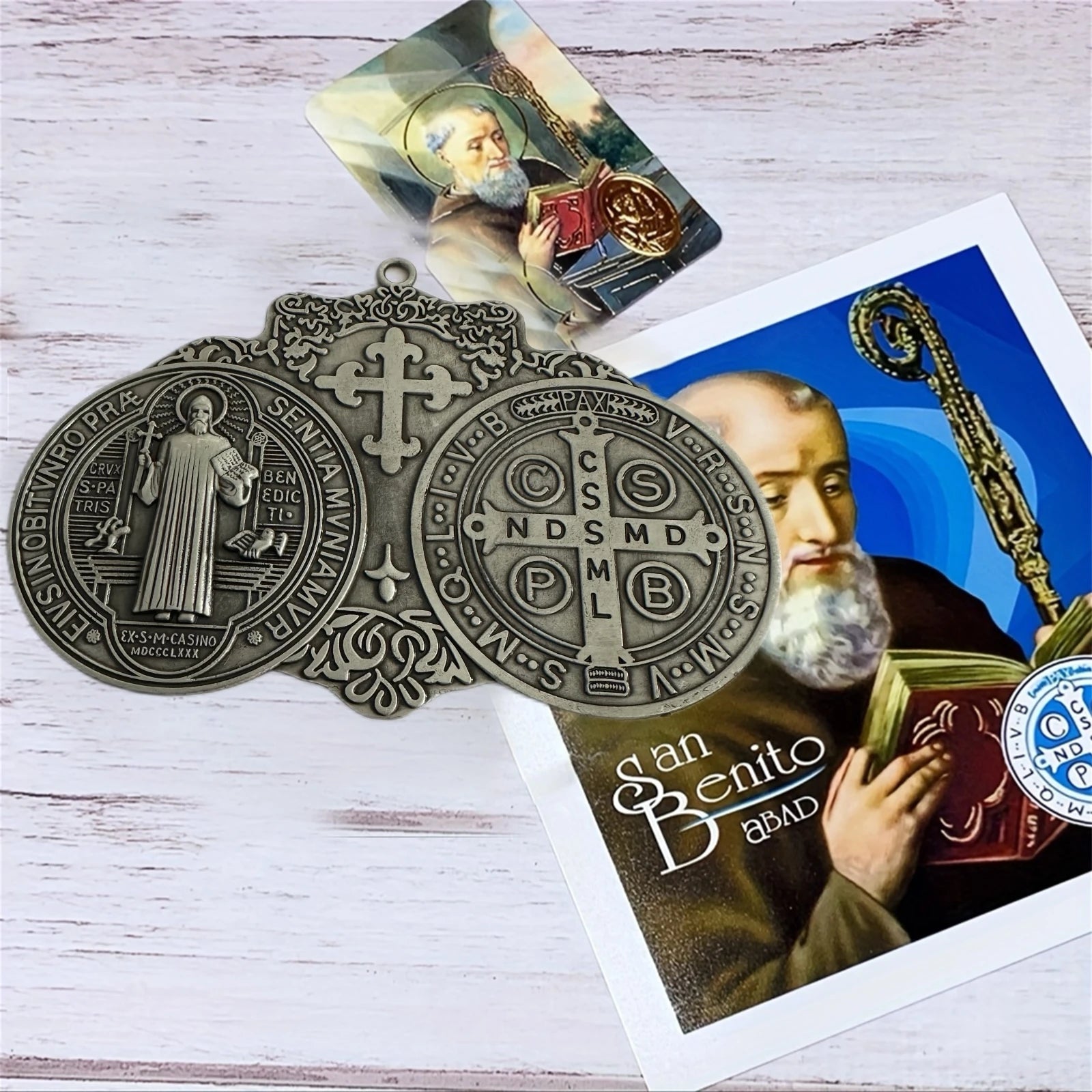 Extra Large St. Benedict Cross Medal – 5.7" x 4" Vintage Brass Tone | Wall or Desk Display | Medalla de San Benito