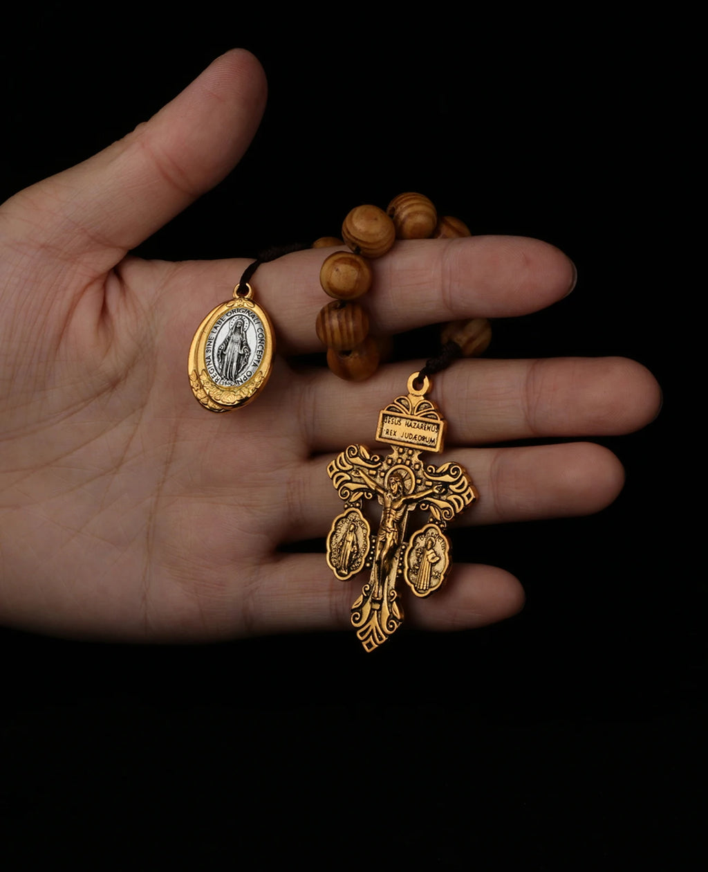 St Benedict Medal & Lady of the Miraculous Medal Crucifix Pocket Rosary – One Decade Handmade Wooden Beads Catholic Prayer Rosary Gift